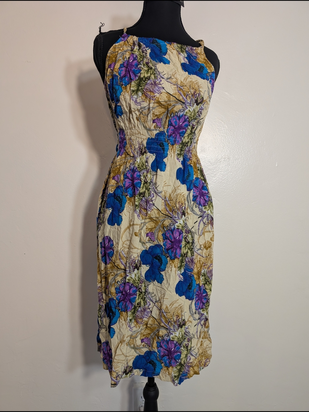 Bundle 3/$20 Floral Halter Midi Dress in Cream with Blue & Purple Flowers